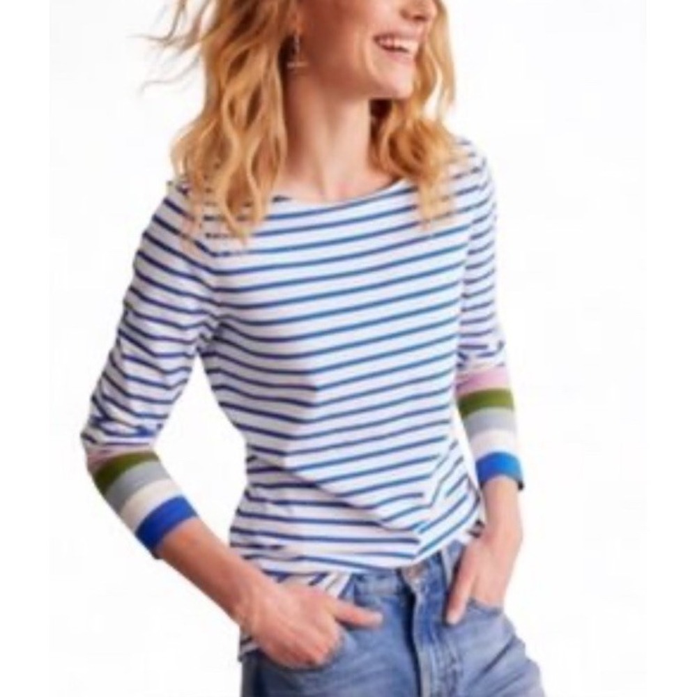 Boden Top Womens 2‎ White Blue Striped Colorblock Cuff Breton Tee Long Sleeve